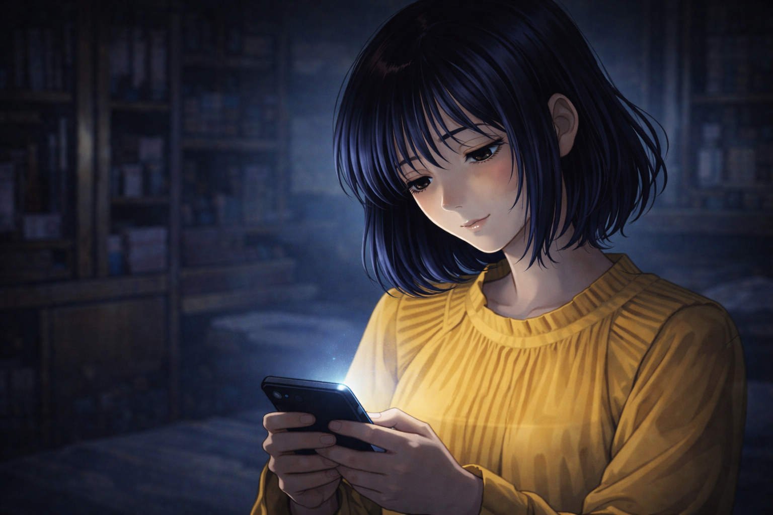 90年代アニメ風。少し俯いて笑みを浮かべる女性。2