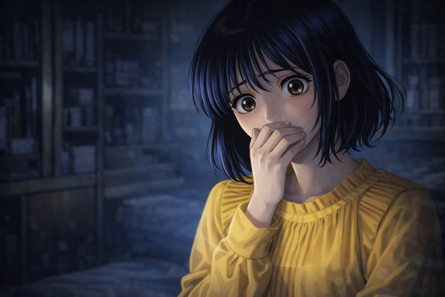 90年代アニメ風。片手を口に当てて怖がる表情。