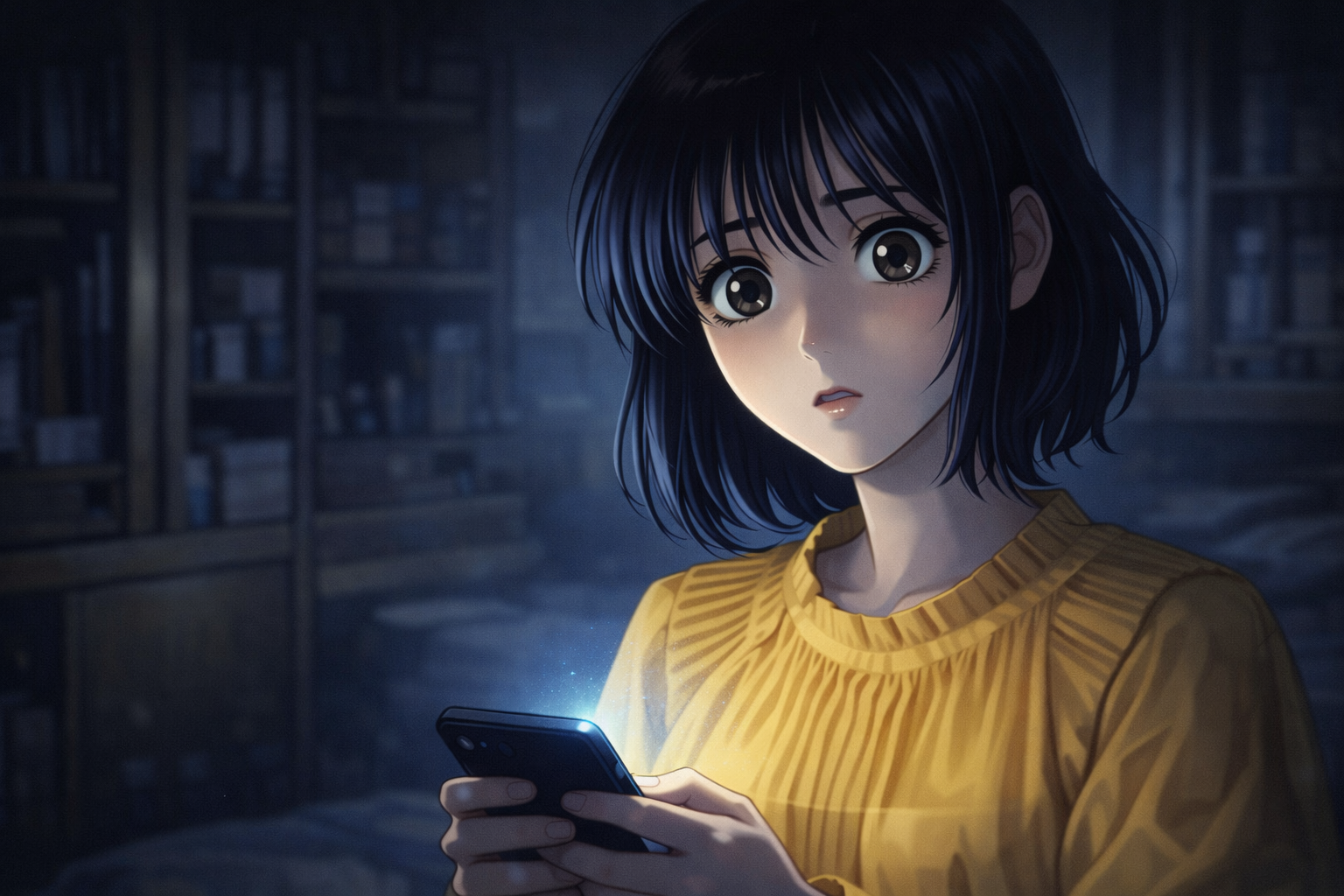 90年代アニメ風。カメラ目線で見つめる女性。