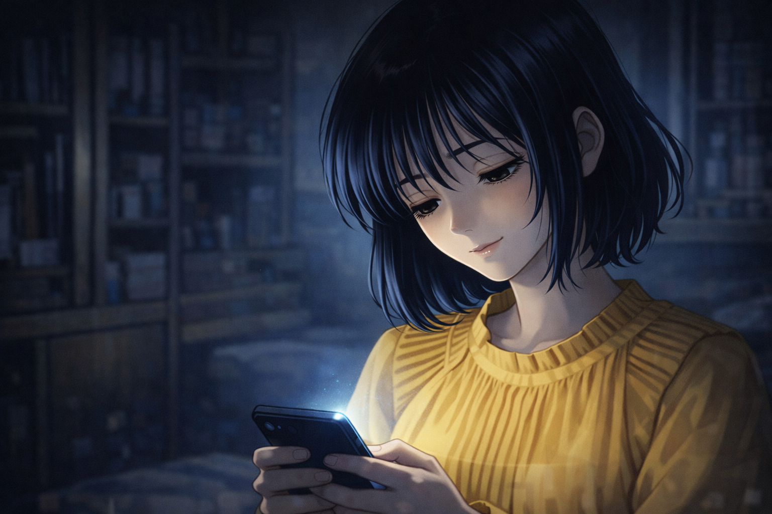 90年代アニメ風。少し俯いて笑みを浮かべる女性。